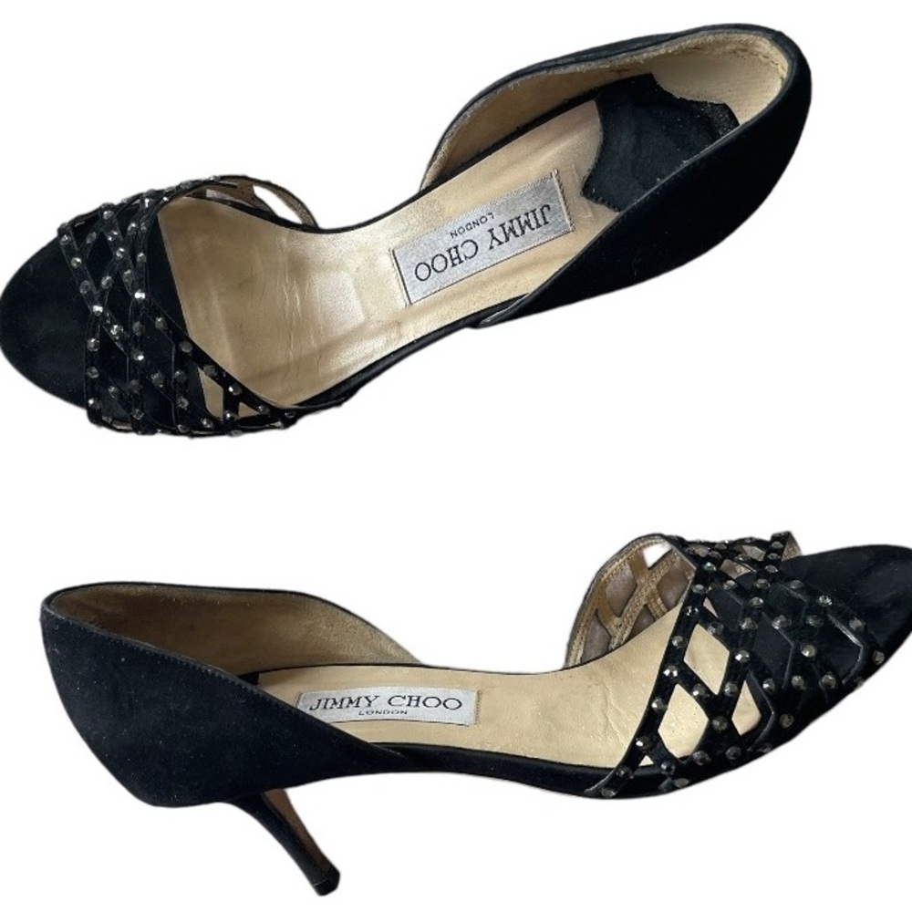 Jimmy Choo open toe black suede heels w/ rhinestone accents / sz 38